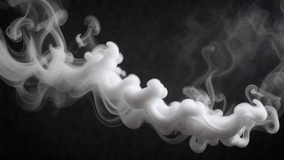 The primary subject of the image is a large, swirling cloud of smoke. The setting is a dark background, which contrasts with the smoke, making it the focal point of the image. The visual style is a close-up of the smoke, emphasizing its texture and movement. The colors and mood of the image are predominantly dark, with the smoke being the only light source, creating a dramatic and moody atmosphere.