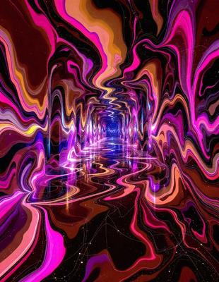The primary subject of the image is a colorful, swirling tunnel that appears to be a part of a futuristic city. The tunnel is illuminated by a blue light, creating a striking contrast against the surrounding environment. The setting is a futuristic city, with the tunnel being a prominent feature. The visual style of the image is a combination of digital art and illustration, creating a vibrant and dynamic scene. The dominant colors in the image are pink, purple, and blue, giving the scene a