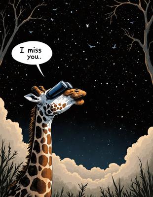 The primary subject of the image is a giraffe with a telescope on its head, standing in a field under a night sky. The setting is a dark, star-filled sky, and the visual style is a comic illustration. The colors and mood of the image are predominantly dark, with the giraffe and the night sky being the main focus.