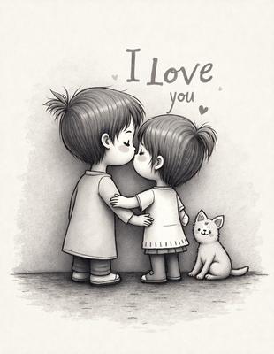 The image features a boy and a girl standing close to each other, with their lips pressed together. They are surrounded by a cute cat, which is sitting on the floor nearby. The scene appears to be a heartwarming and affectionate moment between the two children and the cat. The visual style of the image is a hand-drawn illustration, giving it a warm and cozy feel.