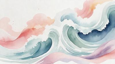 The primary subject of the image is a large wave, which is the main focus of the scene. The wave is depicted in a watercolor style, giving it a vibrant and dynamic appearance. The setting is a body of water, with the wave crashing against the surface. The visual style is a combination of artistic and natural elements, creating a captivating and visually appealing scene. The dominant colors in the image are shades of blue, green, and pink, which contribute to the overall mood of the