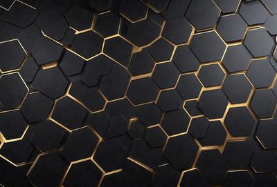The primary subject of the image is a close-up of a black and gold patterned wallpaper. The setting is a black and gold wallpapered room. The visual style is a patterned wallpaper, and the colors and mood are predominantly black and gold.