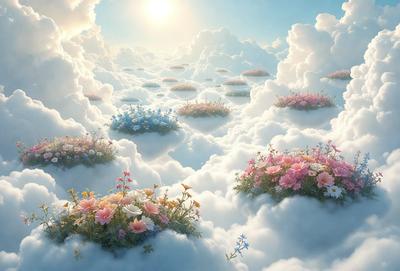 Primary subject: A beautifully painted cloud with a field of flowers on it.

Setting/background: The cloud is floating in a blue sky, creating a serene and peaceful atmosphere.

Visual style: The image is a digital artwork, showcasing the artist's creativity and attention to detail.

Colors and mood: The dominant colors are blue, pink, and white, creating a calming and uplifting mood.
