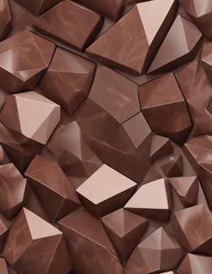 The primary subject of the image is a large, intricate pattern made up of various shapes, including triangles and squares. The setting is a brown surface, possibly a wall or a piece of artwork. The visual style appears to be a combination of digital art and illustration, creating a unique and eye-catching design. The dominant colors in the image are brown and beige, giving the pattern a warm and earthy tone.