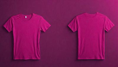 The primary subject of the image is a pink shirt. The shirt is displayed on a purple wall, which serves as the setting and background. The visual style of the image is a close-up of the shirt, showcasing its color and texture. The dominant colors in the image are pink and purple, creating a warm and inviting atmosphere.