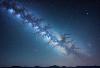 The primary subject of the image is a beautiful night sky filled with stars. The setting is a dark, star-filled sky, and the visual style is a photo. The colors and mood of the image are predominantly dark and serene, with the stars providing a sense of wonder and tranquility.