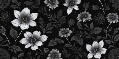 The primary subject of the image is a black and white floral pattern, featuring a variety of flowers. The setting is a black background, which contrasts with the white flowers. The visual style is a combination of photo and digital art, creating a unique and artistic representation of the flowers. The dominant colors are black and white, with the flowers being the main focus and creating a classic and elegant mood.