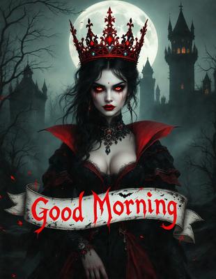 The primary subject of the image is a woman wearing a crown and a red dress. She is standing in front of a castle, which serves as the setting for the scene. The visual style of the image is digital art, with the woman being depicted as a character in a horror movie. The dominant colors in the image are red and black, creating a dramatic and intense atmosphere.