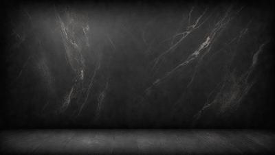 The primary subject of the image is a black marble wall. The setting is a dark room with a black background. The visual style is a photo of a marble wall. The colors and mood are dark and moody, with the black marble wall being the dominant feature.