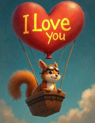 The primary subject of the image is a cartoon cat sitting in a basket that is attached to a hot air balloon. The setting is a cloudy sky, and the visual style is a digital art illustration. The dominant colors are red and orange, and the overall atmosphere is playful and whimsical.