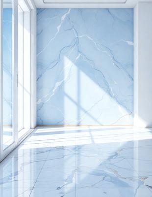 The primary subject of the image is a white marble floor with a blue marble wall. The setting is a room with a window, and the visual style is a photo. The colors and mood of the image are predominantly white and blue, creating a clean and serene atmosphere.