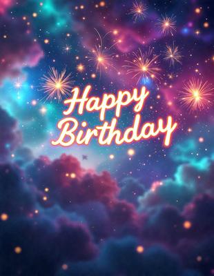 Happy Birthday: [The main object, scene, or focus of the image is a birthday celebration, with a colorful and vibrant background.]

Setting/background: [The background features a colorful and vibrant sky, with a cloudy and starry backdrop.]

Visual style: [The image is a digital art or illustration, featuring a birthday celebration with a colorful and vibrant atmosphere.]

Colors and mood: [The dominant colors are bright and