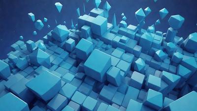 The primary subject of the image is a blue, three-dimensional structure, possibly a building or a sculpture. The setting is a blue sky, which serves as the backdrop for the structure. The visual style of the image is digital art, as it appears to be a computer-generated or digitally rendered creation. The dominant colors in the image are blue, which is prevalent in the structure and the sky, creating a calm and serene atmosphere.