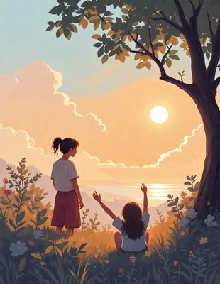 The image features two young girls standing in a field under a tree, enjoying the sunset. The primary subject is the two girls, and the setting is a grassy field with a tree in the background. The visual style is an illustration, and the colors and mood are warm and serene, with the sunset casting a golden glow over the scene.