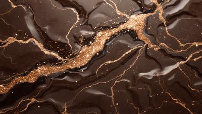 The primary subject of the image is a close-up of a marbled surface with a gold and black color scheme. The setting is a dark room, and the visual style appears to be a combination of a photo and digital art. The colors and mood of the image are rich and luxurious, with the gold and black elements creating a sophisticated and elegant atmosphere.