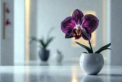 The primary subject of the image is a white vase with a purple orchid plant in it. The vase is placed on a white table, which serves as the setting for the scene. The visual style of the image is a photo, capturing the beauty of the orchid and the vase. The orchid has a purple and white color scheme, creating a serene and elegant atmosphere.
