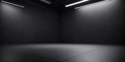 The primary subject of the image is a large, dark room with a concrete floor. The setting is a black and white photo, giving it a classic and timeless appearance. The visual style is a black and white photograph, which adds a sense of depth and contrast to the scene. The colors and mood of the image are predominantly dark and moody, with the concrete floor and the overall atmosphere of the room contributing to this feeling.