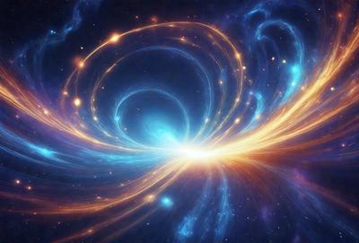 The primary subject of the image is a swirling, spiraling, and twisting blue and orange nebula. The setting is a dark, starry sky, with the nebula being the main focus of the image. The visual style is a combination of digital art and illustration, creating a vibrant and dynamic scene. The dominant colors are blue and orange, giving the image a lively and energetic atmosphere.