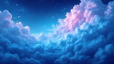 The primary subject of the image is a beautiful, colorful cloudy sky. The setting is a nighttime scene with a dark blue background, and the visual style is a digital art or illustration. The clouds are the main focus of the image, and they are depicted in various shades of pink, blue, and white. The overall atmosphere of the image is serene and captivating, with the clouds creating a mesmerizing pattern against the night sky.