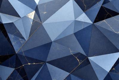 The primary subject of the image is a blue and white geometric pattern, which appears to be a digital art or illustration. The setting is a blue and white marbled surface, which adds to the overall visual style. The colors and mood of the image are predominantly blue and white, creating a calm and serene atmosphere.