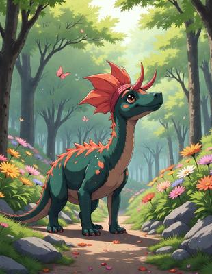 Primary subject: A green dragon with a red horn standing in a forest.

Setting/background: The dragon is standing in a forest with trees and flowers around it.

Visual style: The image is a digital art or illustration.

Colors and mood: The dominant colors are green, red, and yellow, creating a lively and vibrant atmosphere.