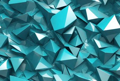 The primary subject of the image is a large, colorful arrangement of blue triangles. The setting is a blue background, which creates a vibrant and lively atmosphere. The visual style is a combination of digital art and illustration, as the triangles are intricately arranged and have a detailed, artistic appearance. The dominant colors are blue and turquoise, which evoke a sense of calmness and tranquility.