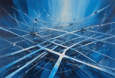 The primary subject of the image is a futuristic cityscape, featuring a complex network of interconnected tubes and wires. The setting is a blue sky, which serves as the backdrop for the intricate web of lines. The visual style is a combination of digital art and illustration, creating a sense of depth and detail. The colors and mood of the image are predominantly blue, which adds to the futuristic and technological atmosphere.