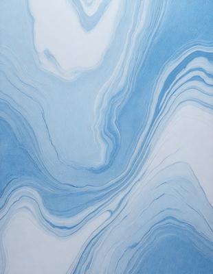 The primary subject of the image is a blue and white ocean wave. The setting is a blue ocean, and the visual style is a drawing or illustration. The dominant colors are blue and white, creating a serene and calming atmosphere.