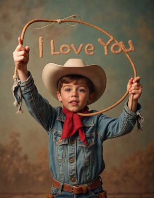 The primary subject of the image is a young boy wearing a cowboy hat and holding a sign that reads "I love you." The setting is a room with a wall visible in the background. The visual style is a photo, and the colors and mood are warm and inviting.