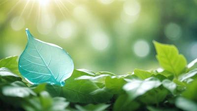 The primary subject of the image is a blue leaf, which is the main object, scene, or focus of the image. The setting/background consists of a lush green forest, with a bright sun shining through the trees. The visual style of the image is a photo, capturing the natural beauty of the leaf and its surroundings. The colors and mood of the image are predominantly green and serene, with the blue leaf adding a touch of vibrancy to the scene.