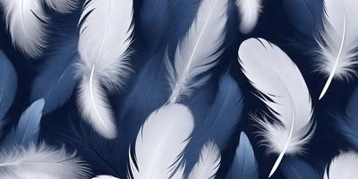 The primary subject of the image is a close-up of a white feather. The setting is a dark blue background, which contrasts with the white feather. The visual style is a close-up of a single feather, emphasizing its details. The colors and mood of the image are predominantly dark blue and white, creating a sense of depth and contrast.