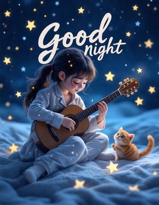 The primary subject of the image is a young girl sitting on a bed, holding a guitar. The setting is a cozy bedroom, with a bed visible in the background. The visual style is a digital art illustration, creating a warm and inviting atmosphere. The colors are predominantly soft and pastel, with the girl's outfit and the bedding featuring shades of white, pink, and blue. The overall mood of the image is one of comfort and relaxation, as the girl enjoys her time