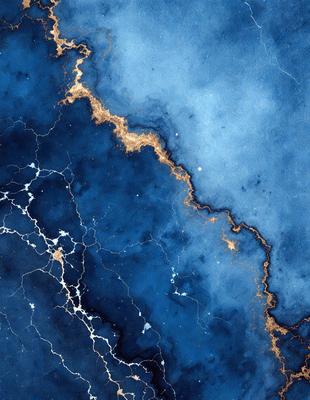 The primary subject of the image is a blue and gold swirl pattern, which appears to be a painting or a digital artwork. The setting is a blue background, and the visual style is a combination of photo and digital art. The colors and mood of the image are vibrant and lively, with the blue and gold swirls creating a sense of movement and energy.