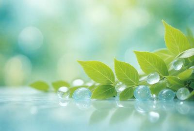 The primary subject of the image is a close-up of a leaf with water droplets on it. The leaf is green and appears to be a part of a plant. The setting is a water surface, possibly a pond or a lake, with a blue background. The visual style is a close-up, which emphasizes the details of the leaf and the water droplets. The colors are predominantly green and blue, creating a calm and serene atmosphere.