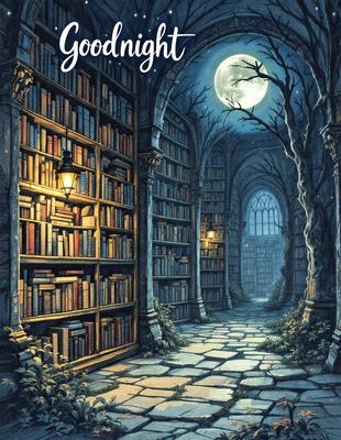 The primary subject of the image is a bookshelf filled with books. The setting is a dark, possibly haunted, library with a moonlit atmosphere. The visual style is a digital art or illustration, creating a surreal and mysterious scene. The dominant colors are dark shades, such as black, brown, and gray, with the moonlight adding a touch of silver and white. The overall mood is eerie and intriguing, inviting the viewer to explore the mysterious world of the library.
