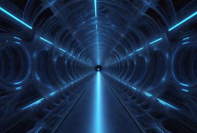 The primary subject of the image is a tunnel-like structure with a blue light illuminating it. The setting is a dark, enclosed space, and the visual style appears to be a digital art or illustration. The dominant colors are blue and black, creating a moody and mysterious atmosphere.