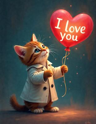 The primary subject of the image is a small cat wearing a white coat and holding a red heart-shaped balloon. The cat is standing on a surface with a blue background. The visual style of the image is digital art, and the colors and mood are warm and cheerful.