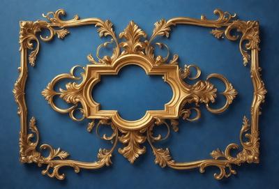The primary subject of the image is a large, ornate gold frame with a blue background. The frame features a decorative design, possibly a floral pattern, and is likely a piece of art or a decorative item. The setting is a blue wall, which provides a contrasting backdrop for the frame. The visual style of the image is a close-up, focusing on the intricate details of the gold frame. The colors and mood of the image are predominantly blue and gold, creating a sense of elegance