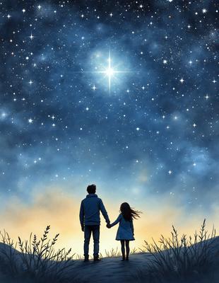 The primary subject of the image is a man and a woman standing together under the night sky. They are holding hands, creating a sense of connection and intimacy. The setting is a grassy field, with a backdrop of a beautiful night sky filled with stars. The visual style of the image is a digital art or illustration, which adds a sense of depth and detail to the scene. The colors and mood of the image are warm and serene, with the glow of the stars and the soft lighting creating a peace