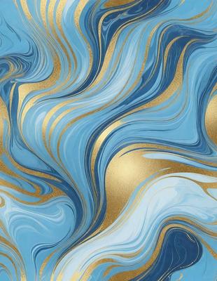 The primary subject of the image is a blue and gold swirling pattern, which appears to be a wallpaper or a decorative design. The setting is a wall, and the visual style is a combination of digital art and illustration. The dominant colors are blue and gold, creating a sense of elegance and sophistication.