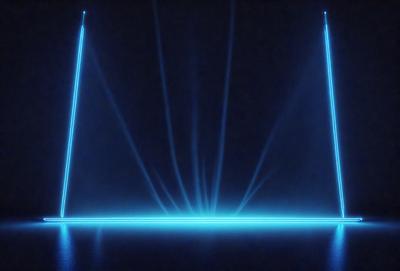 The primary subject of the image is a blue light show, with a blue background and a blue light source. The setting appears to be a dark room, and the visual style is a digital art or illustration. The dominant colors and overall atmosphere are blue and mysterious, creating a captivating and enigmatic scene.
