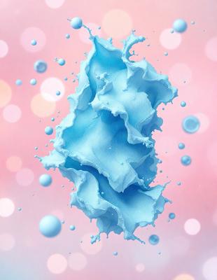 The primary subject of the image is a blue, frothy, and swirling substance, which appears to be a blue ice cream or a blue cream. The setting is a pink background, which adds a contrasting color to the scene. The visual style of the image is a digital art or illustration, as it is a creative and artistic representation of the blue substance. The dominant colors in the image are blue and pink, creating a vibrant and lively atmosphere.