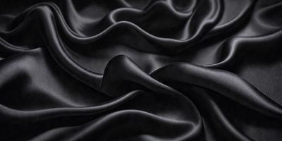 The primary subject of the image is a close-up of a black fabric, possibly a piece of clothing or a curtain. The setting is a dark room, and the visual style appears to be a photo. The dominant colors are black, and the overall atmosphere is mysterious and dramatic.