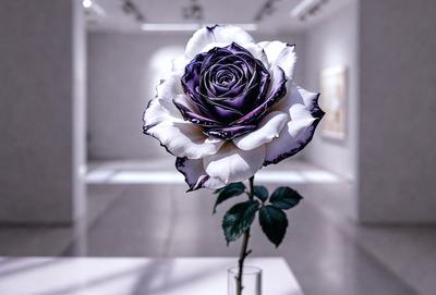 The primary subject of the image is a single purple rose, which is placed in a clear vase. The rose is the focal point of the scene, and it is situated in a white room. The visual style of the image is a close-up of the rose, showcasing its details and beauty. The colors in the image are predominantly white and purple, creating a calm and serene atmosphere.
