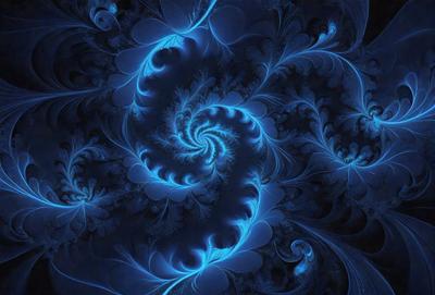 The primary subject of the image is a spiral pattern, which is a blue and white design. The setting is a blue background, and the visual style appears to be a digital art or illustration. The dominant colors in the image are blue and white, creating a calm and serene atmosphere.