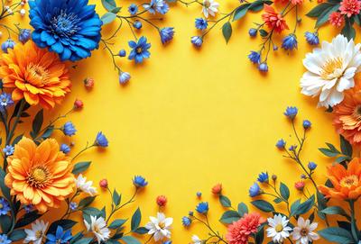 Primary subject: Flowers
Setting/background: Yellow surface
Visual style: Digital art
Colors and mood: Bright, vibrant, and cheerful
