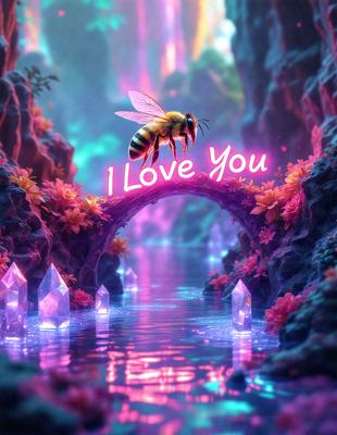 The primary subject of the image is a bee sitting on a bridge. The setting is a colorful, fantasy-like environment with a bridge and a waterway. The visual style is digital art, and the colors and mood are vibrant and lively.