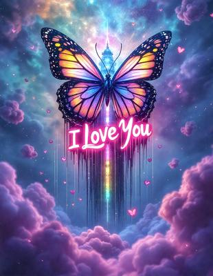 Primary subject: Butterfly
Setting/background: Clouds
Visual style: Digital art
Colors and mood: Pink, blue, and purple