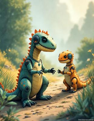 Primary subject: Dinosaurs
Setting/background: A forest with trees and grass
Visual style: Digital art
Colors and mood: The image is colorful and has a playful atmosphere.