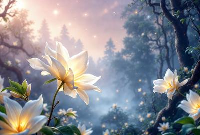 Primary subject: White flowers with yellow centers.
Setting/background: A forest with trees and a sky background.
Visual style: Digital art.
Colors and mood: The flowers are predominantly white with yellow centers, creating a serene and peaceful atmosphere.